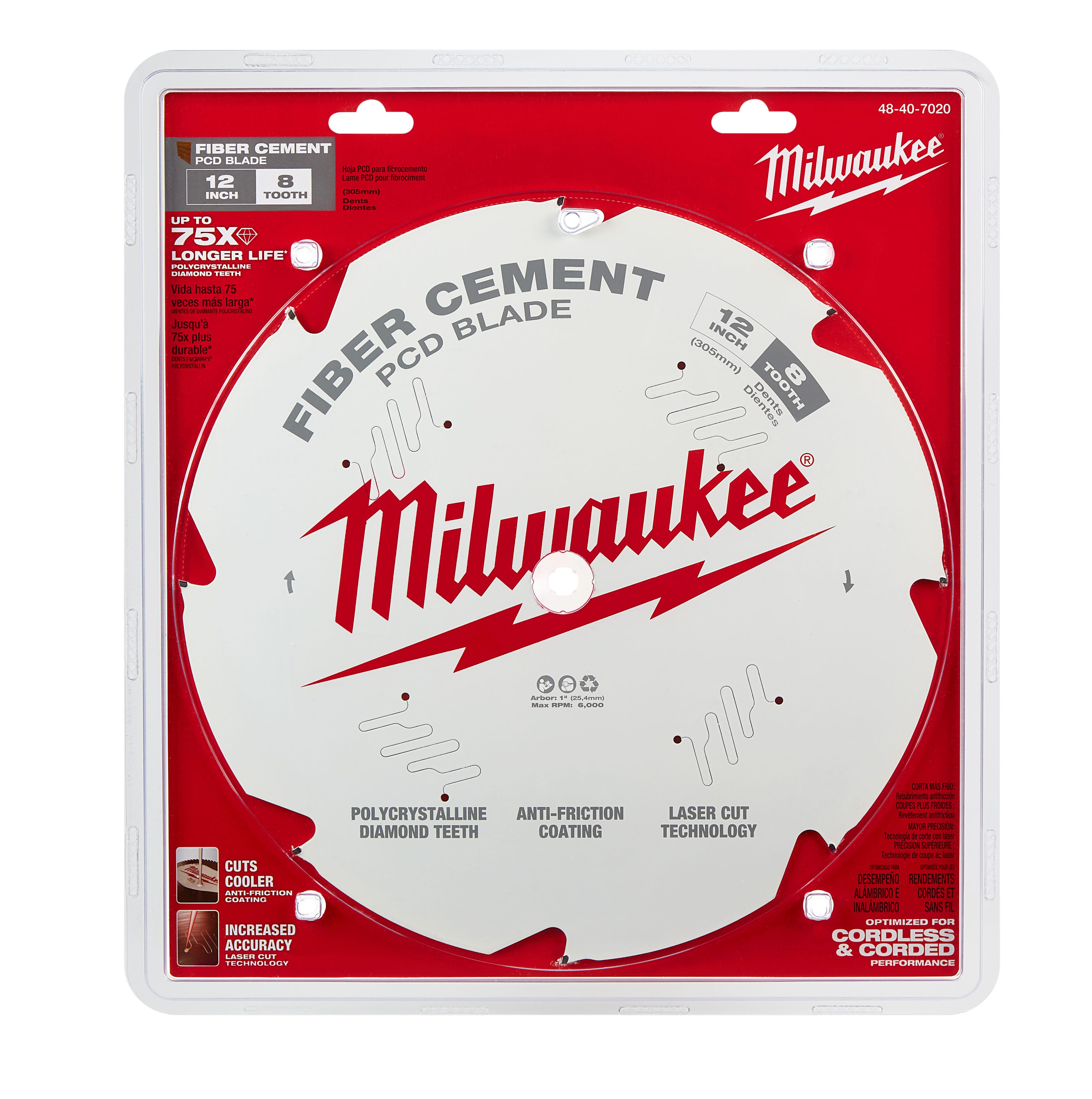 Milwaukee® 48-40-7020 Thin Kerf Circular Saw Blade, 12 in Dia x 1.05 in THK, 1 in Arbor, Polycrystalline Diamond Blade, 8 Teeth